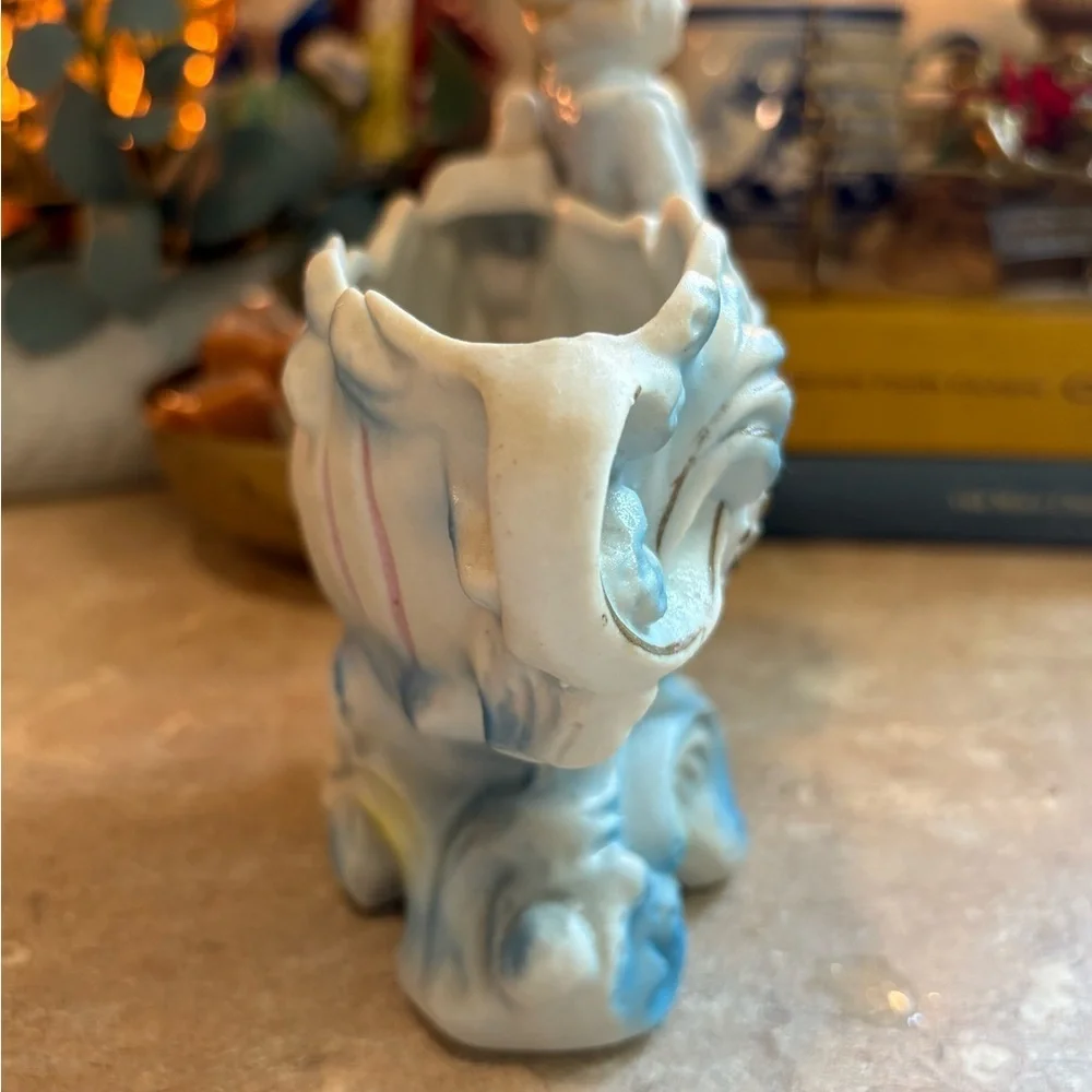 Vintage Victorian Bisque Colonial Boy Blue Ornate Shell Planter Vintage Japan